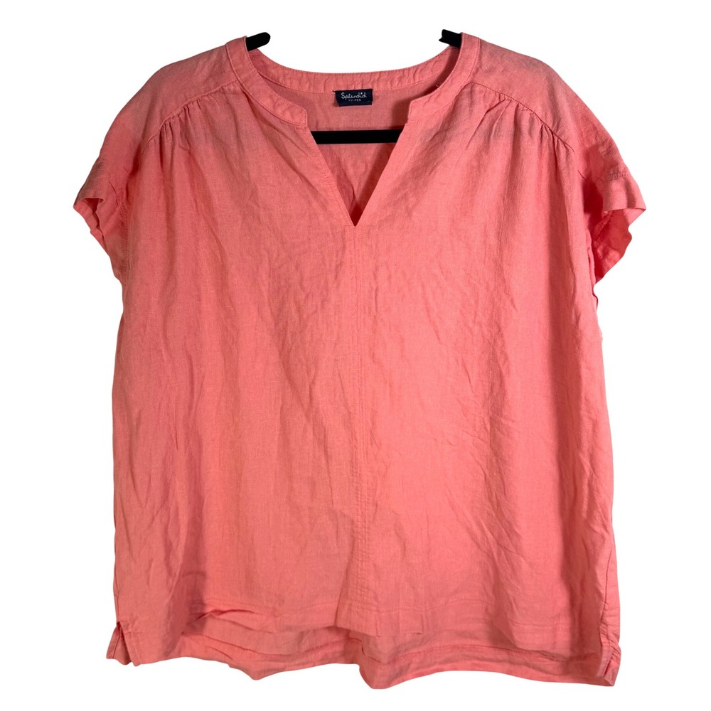 Splendid Coral Pink Linen Blend Split V-Neck Cap Sleeve Blouse XXL 1770097